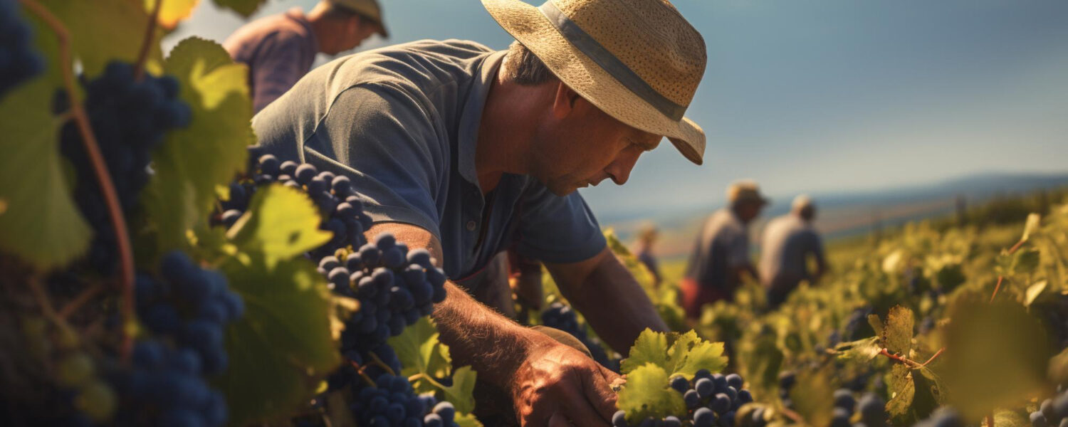 Trabajador rural con sombrero cosechando uvas en un viñedo bajo la luz del sol, con otros trabajadores al fondo y paisaje montañoso.