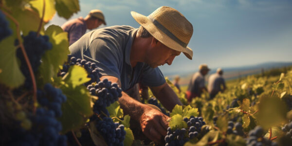 Trabajador rural con sombrero cosechando uvas en un viñedo bajo la luz del sol, con otros trabajadores al fondo y paisaje montañoso.
