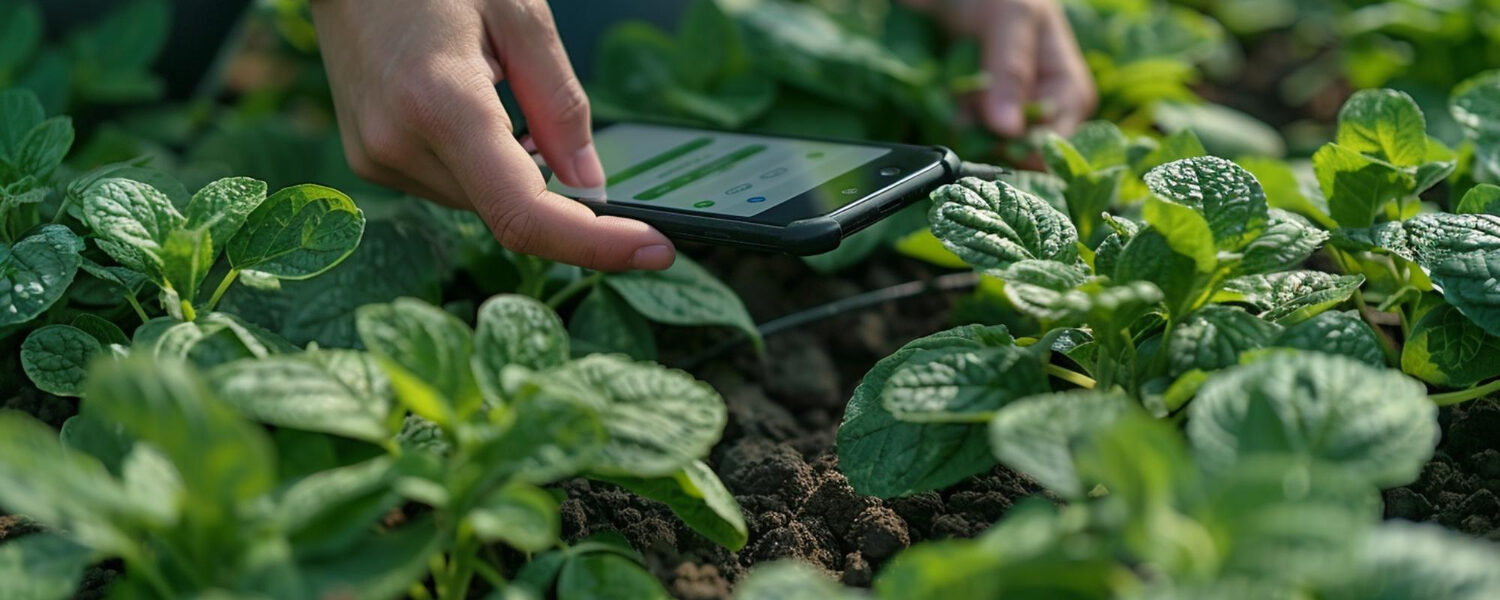 Persona utilizando un smartphone para monitorear el crecimiento de plantas de menta en un campo
