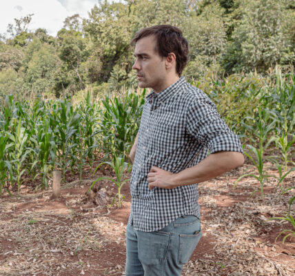 Matías Imperiale en un cultivo de maíz, con camisa a cuadros y jeans, observando el campo rodeado de vegetación.