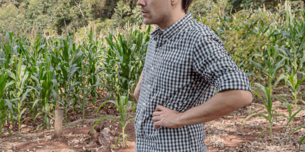 Matías Imperiale en un cultivo de maíz, con camisa a cuadros y jeans, observando el campo rodeado de vegetación.