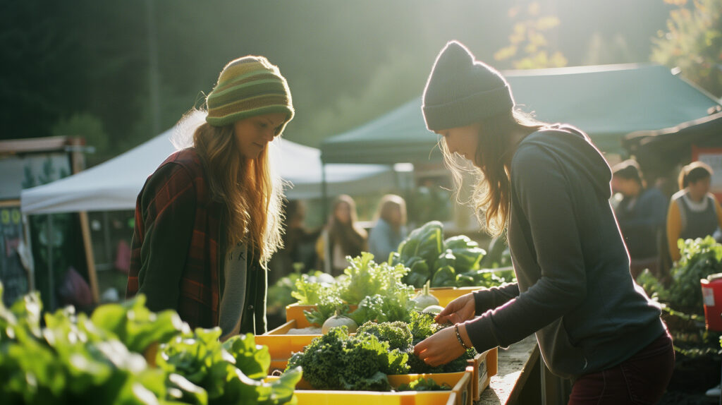 Personas comprando frutas y verduras orgánicas en un mercado local al aire libre, rodeadas de árboles y cajas de productos frescos