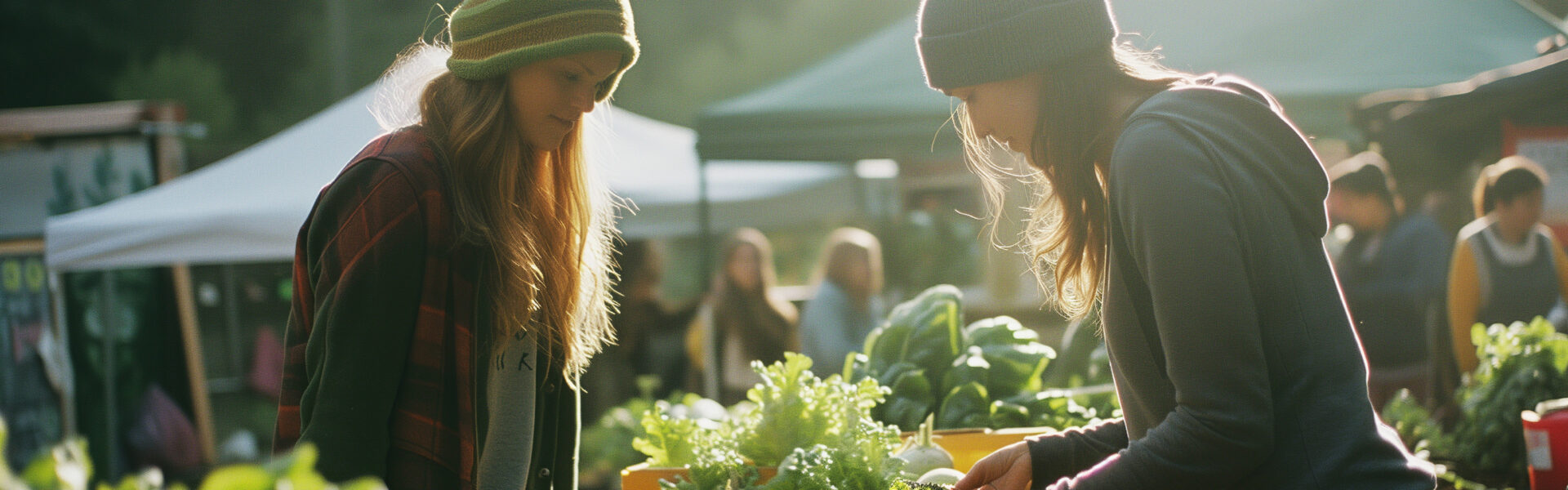 Personas comprando frutas y verduras orgánicas en un mercado local al aire libre, rodeadas de árboles y cajas de productos frescos