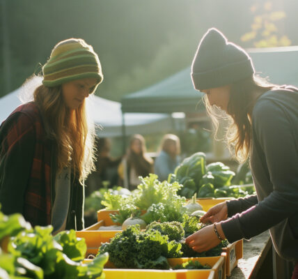 Personas comprando frutas y verduras orgánicas en un mercado local al aire libre, rodeadas de árboles y cajas de productos frescos