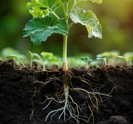 Planta joven creciendo en el suelo con raíces visibles bajo tierra y hojas verdes en la superficie, ilustrando el sistema vascular que conecta raíces, tallo y hojas para transportar agua y nutrientes.