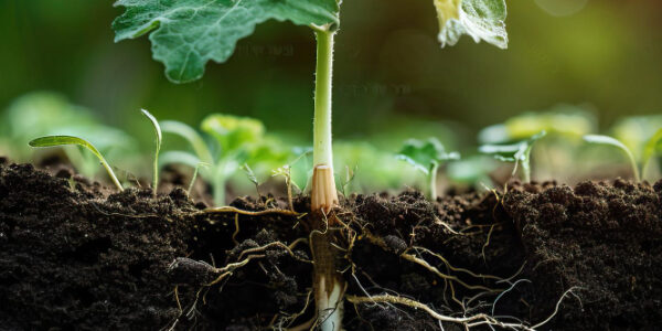 Planta joven creciendo en el suelo con raíces visibles bajo tierra y hojas verdes en la superficie, ilustrando el sistema vascular que conecta raíces, tallo y hojas para transportar agua y nutrientes.