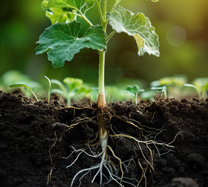 Planta joven creciendo en el suelo con raíces visibles bajo tierra y hojas verdes en la superficie, ilustrando el sistema vascular que conecta raíces, tallo y hojas para transportar agua y nutrientes.